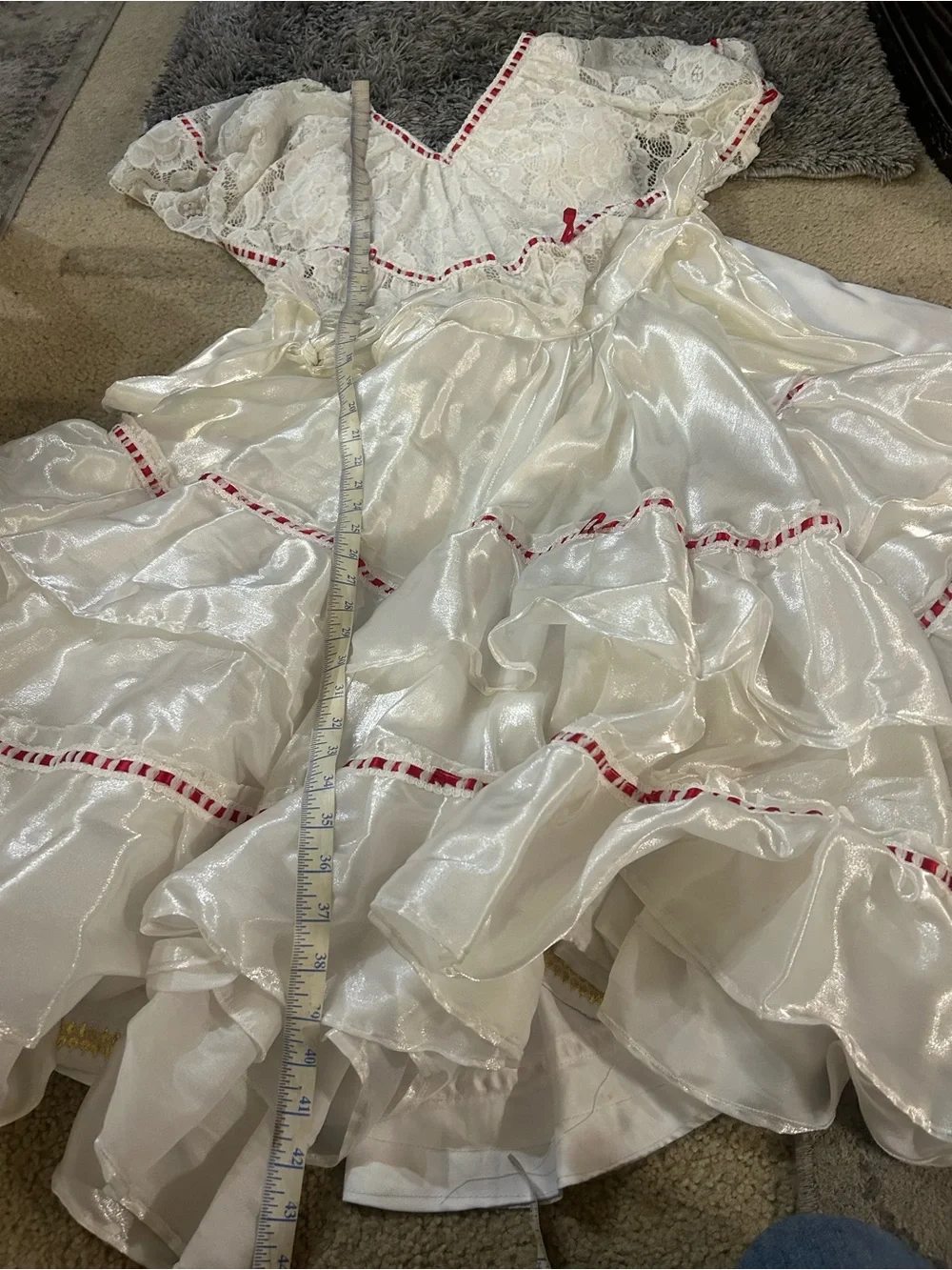 Veracruz Folkloric White & Red Trim Girls' Traditional Ruffled Costume Dress